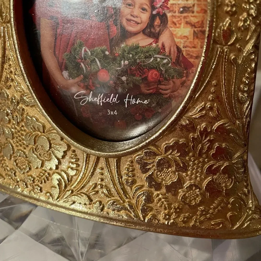 Sheffield Home Ornate Gold Ornament and Bell Shaped Picture Frames Velvet Bows